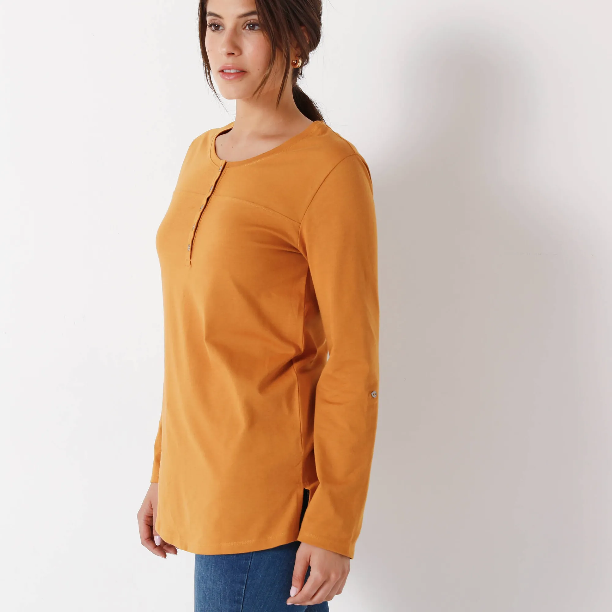 T-Shirt En Topje|Bloes En Tuniek<Blancheporte Effen tuniek met Tunesische hals en lange mouwen saffraangeel