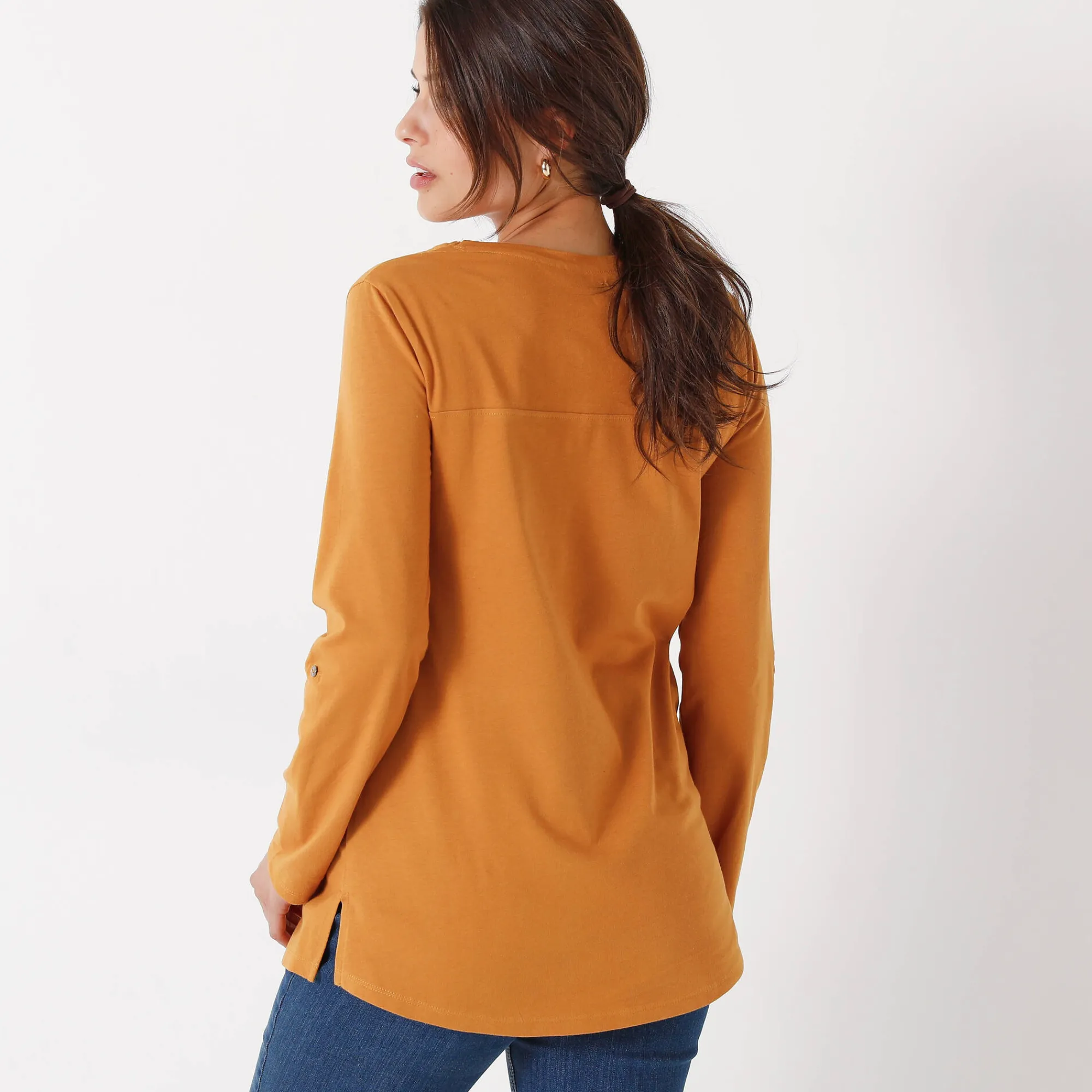 T-Shirt En Topje|Bloes En Tuniek<Blancheporte Effen tuniek met Tunesische hals en lange mouwen saffraangeel