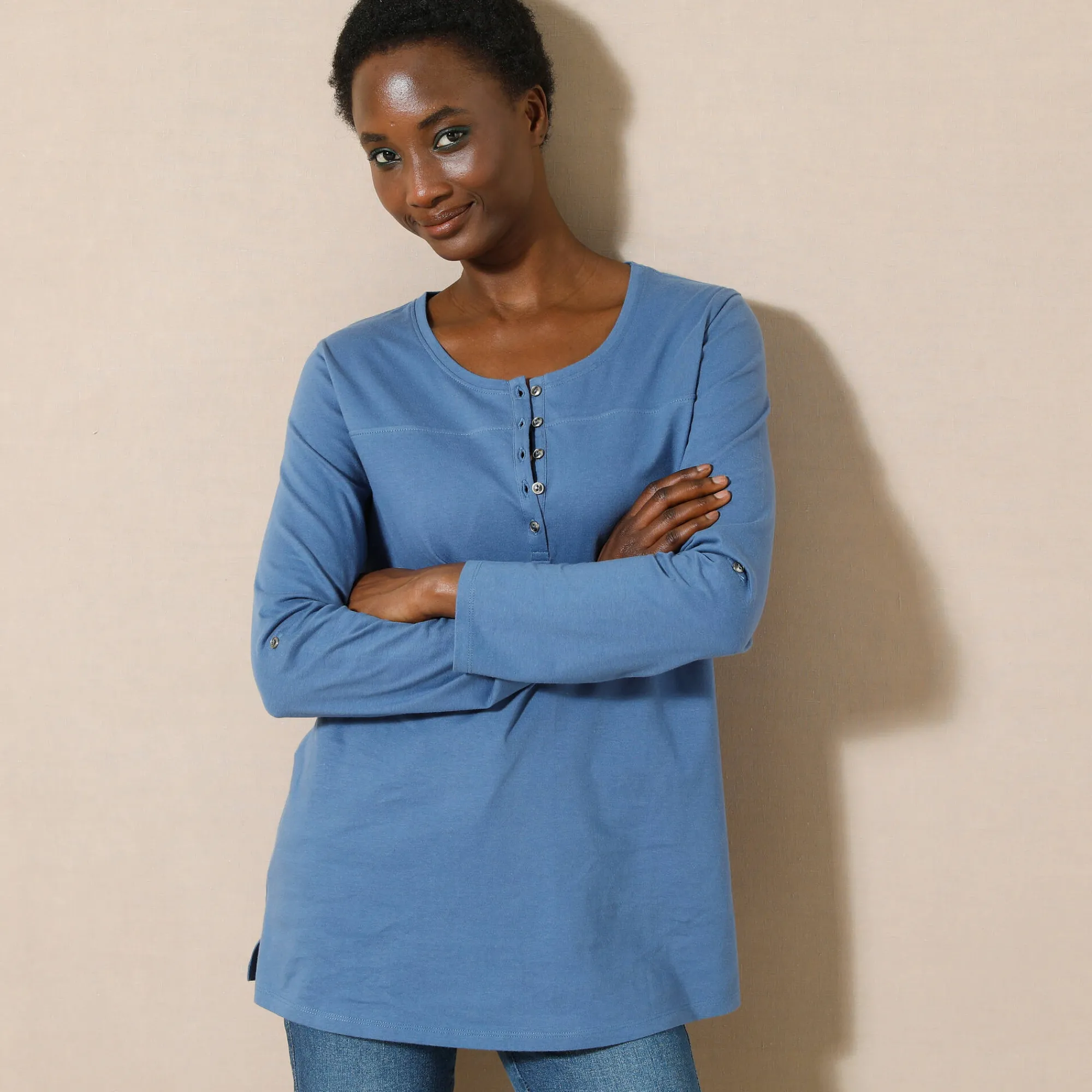 T-Shirt En Topje|Bloes En Tuniek<Blancheporte Effen tuniek met Tunesische hals en lange mouwen marine