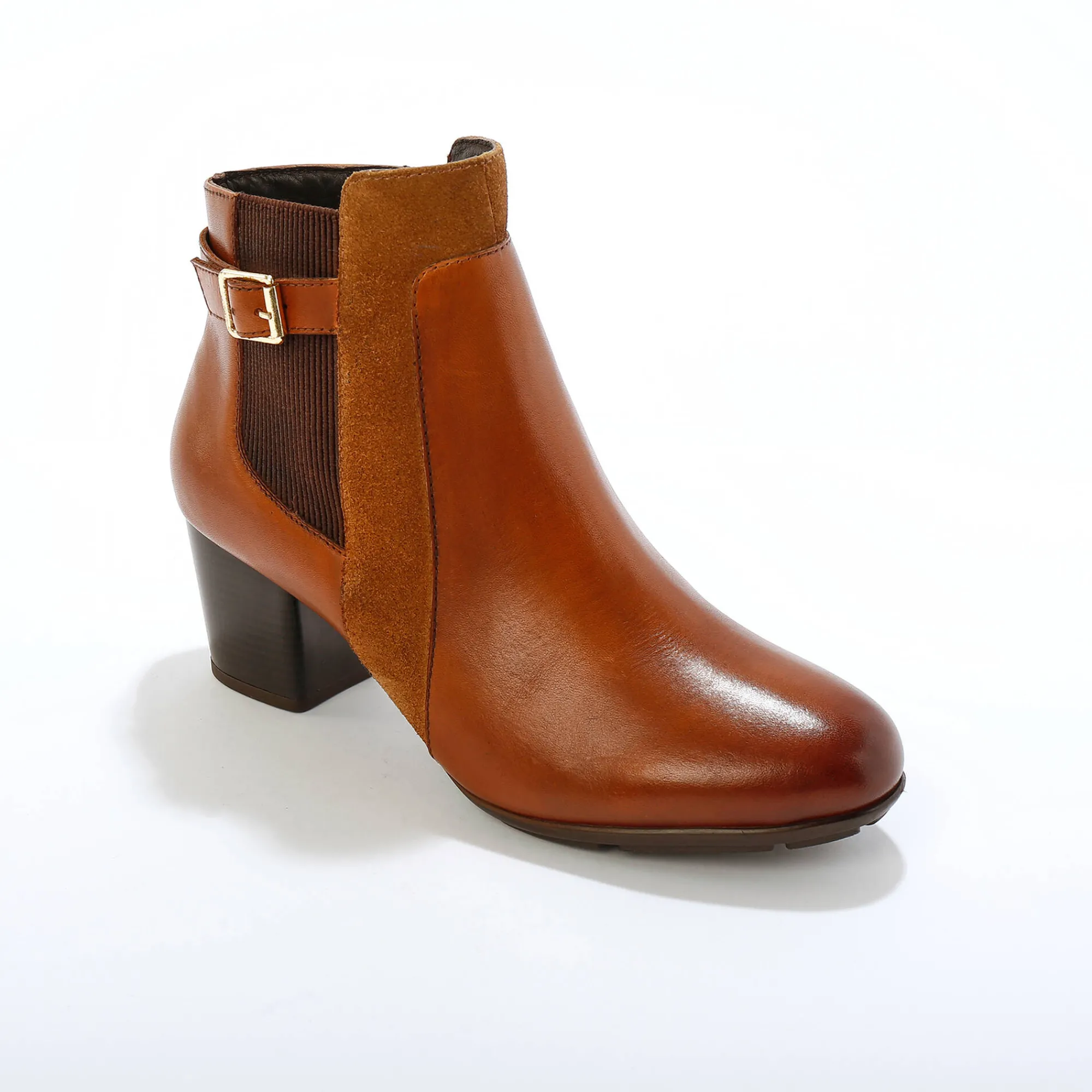 Bottines En Boots|Schoenen<Blancheporte Elastische, leren boots in 2 materialen, met gesp en hak karamel