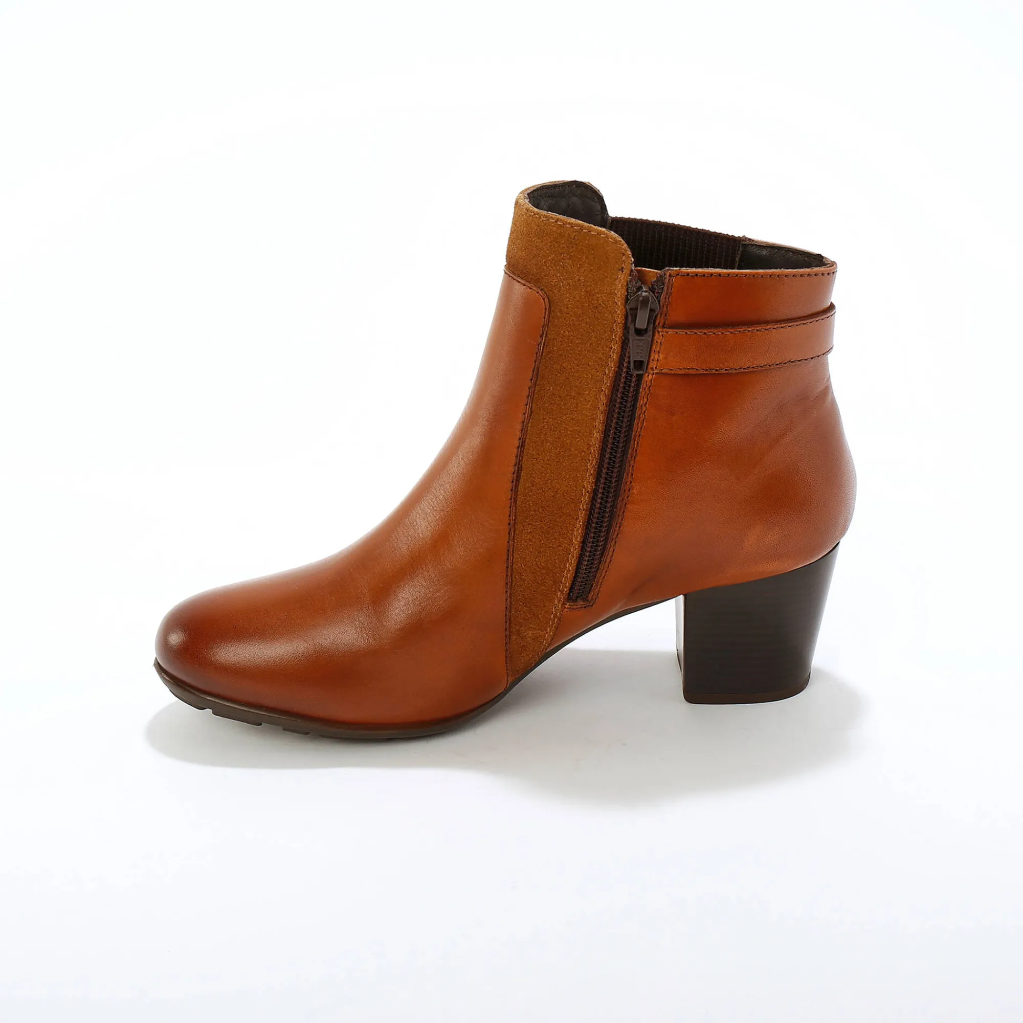 Bottines En Boots|Schoenen<Blancheporte Elastische, leren boots in 2 materialen, met gesp en hak karamel