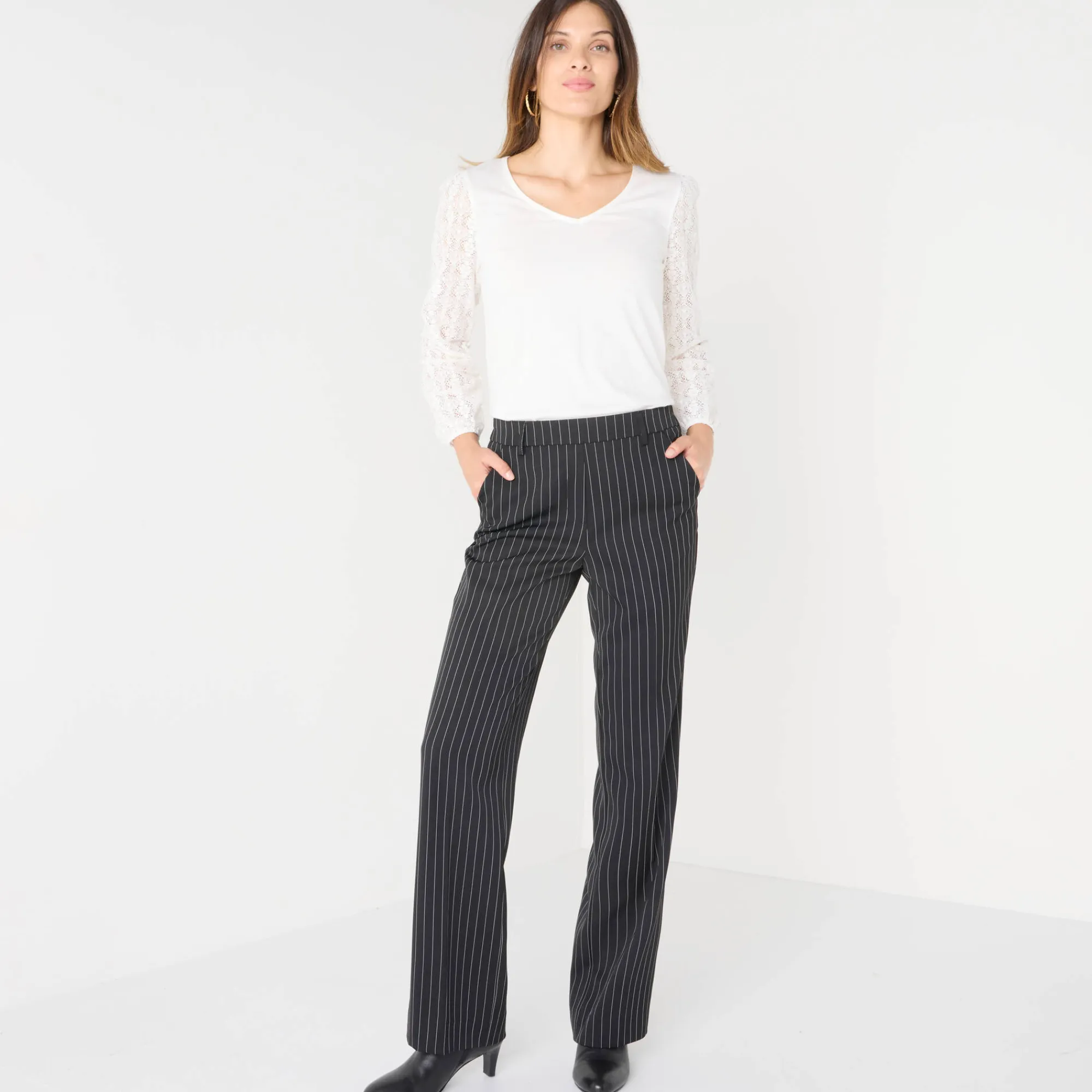Broek<Blancheporte Elegante, rechte broek, gestreept zwart / wit