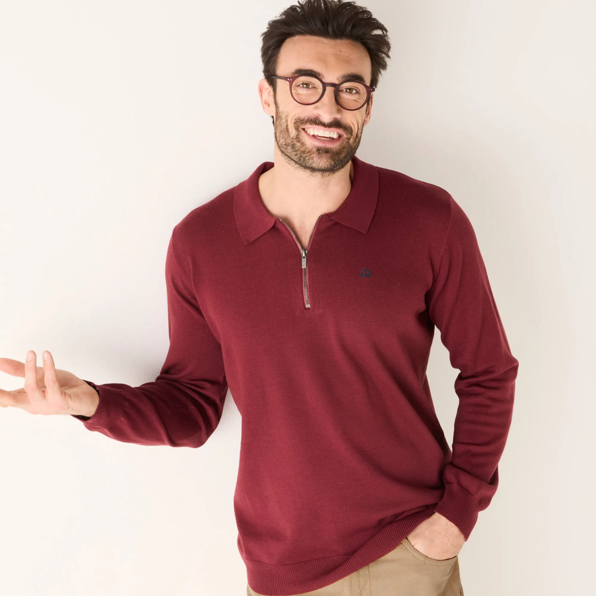 Feestoutfits Heren|Trui En Vest<Blancheporte Fijne trui met polokraag, rits en borduursel op de borst bordeaux