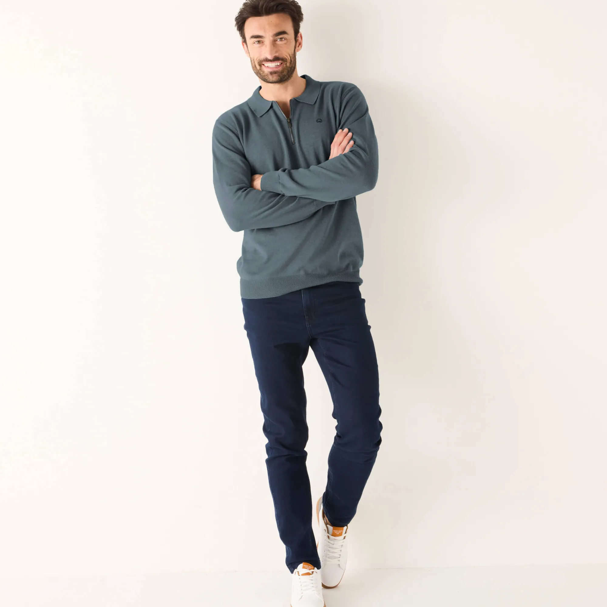 Feestoutfits Heren|Trui En Vest<Blancheporte Fijne trui met polokraag, rits en borduursel op de borst staalblauw