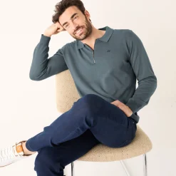 Feestoutfits Heren|Trui En Vest<Blancheporte Fijne trui met polokraag, rits en borduursel op de borst staalblauw