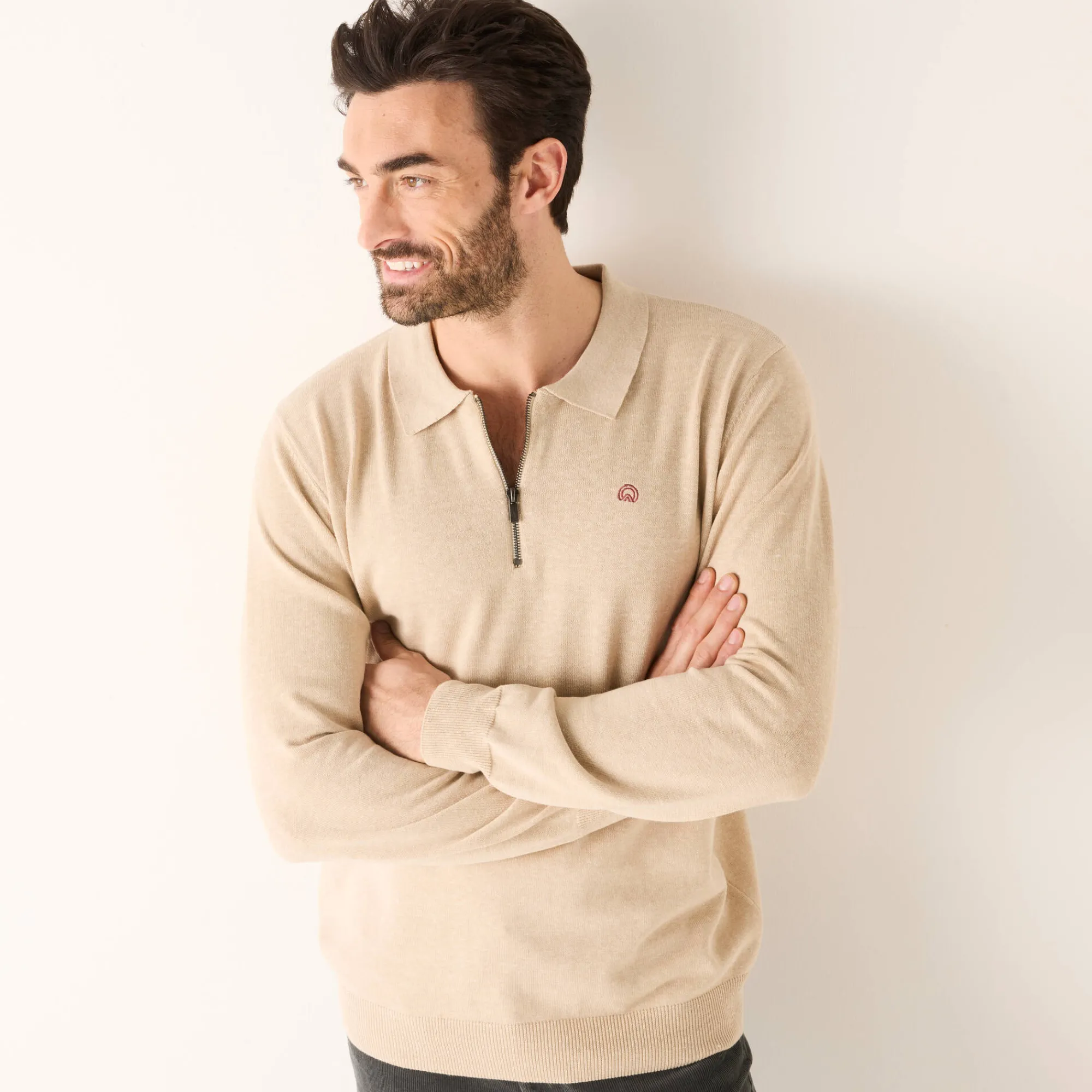 Feestoutfits Heren|Trui En Vest<Blancheporte Fijne trui met polokraag, rits en borduursel op de borst lichtbeige