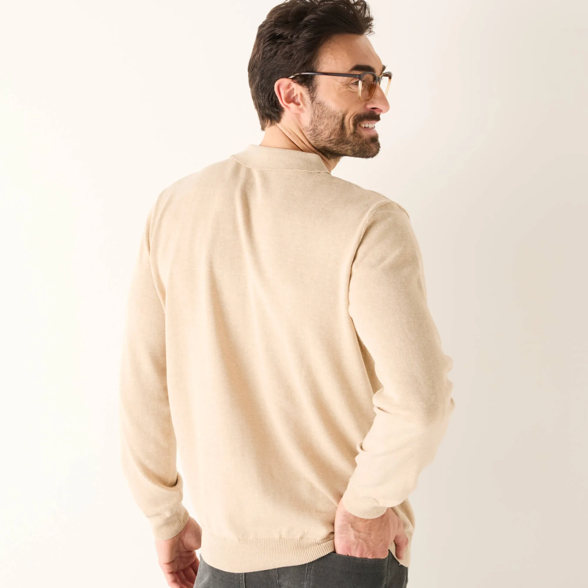 Feestoutfits Heren|Trui En Vest<Blancheporte Fijne trui met polokraag, rits en borduursel op de borst lichtbeige