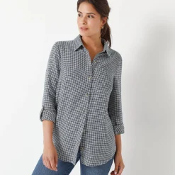 Bloes En Tuniek<Blancheporte Flanellen hemd in pied-de-poule marine / ecru