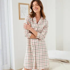 Nachthemd<Blancheporte Flanellen nachthemd in liketmodel met ingeweven ruiten ecru / roze
