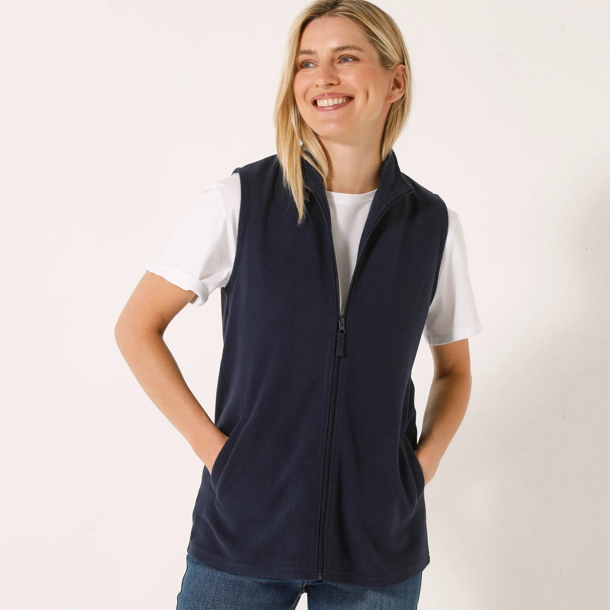 Trui En Vest<Blancheporte Fleece jasje met rits, zonder mouwen marine