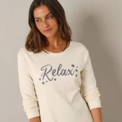 Pyjama<Blancheporte Fleece pyjamabroek met legging, ‘relax’-print ecru / grijs