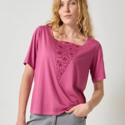 T-Shirt En Topje<Blancheporte Geborduurd boxy T-shirt, korte wijde mouwen vijgenkleur