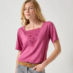 T-Shirt En Topje<Blancheporte Geborduurd boxy T-shirt, korte wijde mouwen vijgenkleur