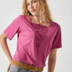 T-Shirt En Topje<Blancheporte Geborduurd boxy T-shirt, korte wijde mouwen vijgenkleur