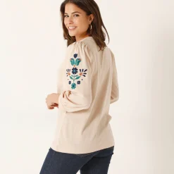 T-Shirt En Topje<Blancheporte Geborduurd T-shirt met V-hals, 3/4-mouwen beige / blauw