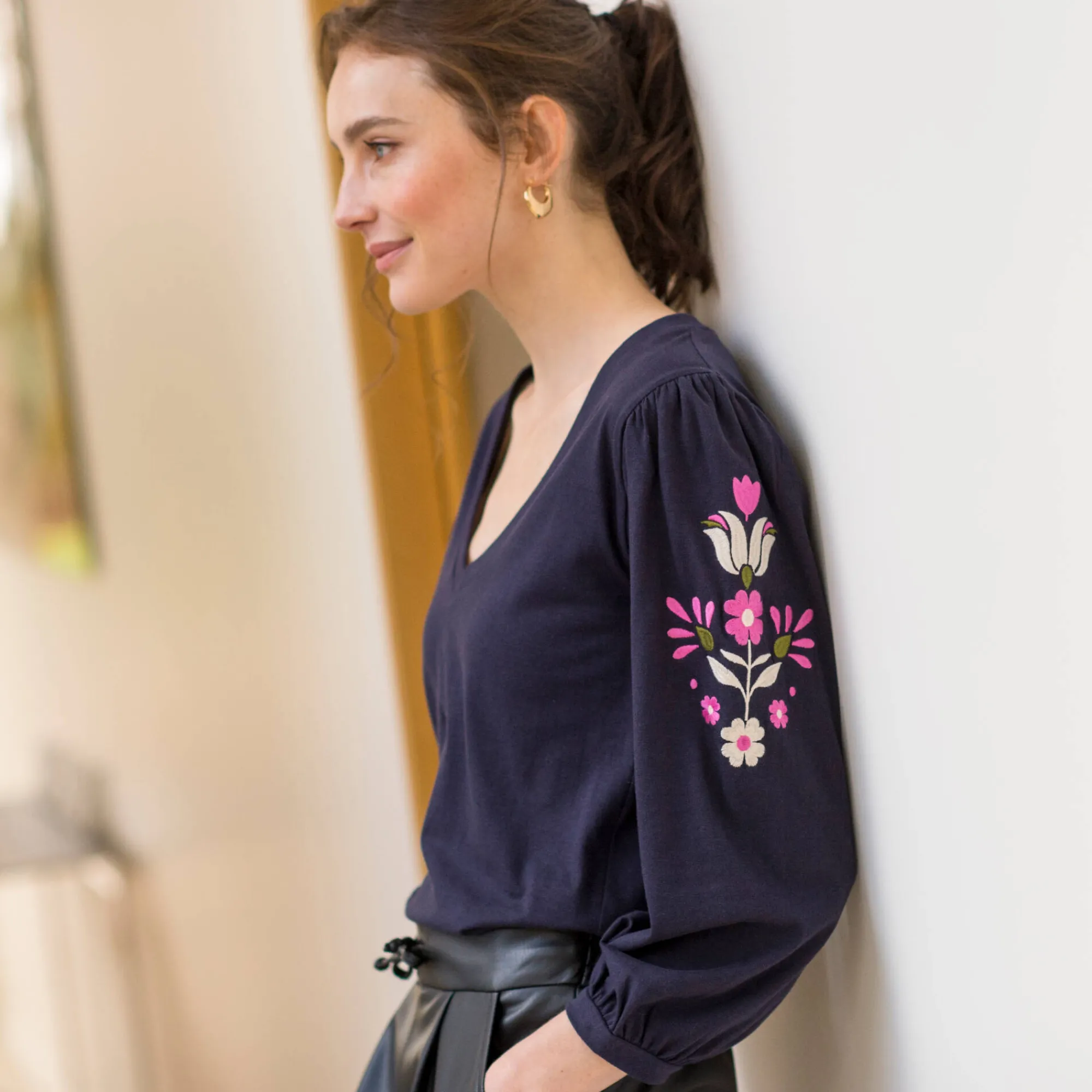 T-Shirt En Topje<Blancheporte Geborduurd T-shirt met V-hals, 3/4-mouwen indigo