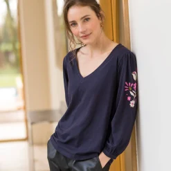 T-Shirt En Topje<Blancheporte Geborduurd T-shirt met V-hals, 3/4-mouwen indigo