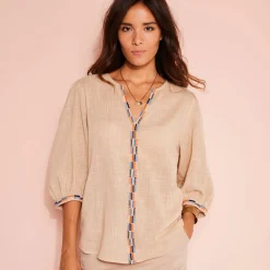 Bloes En Tuniek<Blancheporte Geborduurde bloes in effen katoen, 3/4-mouwen beige