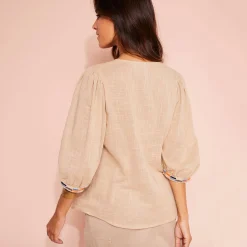 Bloes En Tuniek<Blancheporte Geborduurde bloes in effen katoen, 3/4-mouwen beige