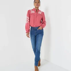 Bloes En Tuniek<Blancheporte Geborduurde bloes met ruchekraag, crepon rozenhout / ecru