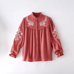 Bloes En Tuniek<Blancheporte Geborduurde bloes met ruchekraag, crepon rozenhout / ecru