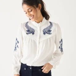 Bloes En Tuniek<Blancheporte Geborduurde bloes met ruchekraag, crepon ecru / marine