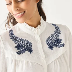 Bloes En Tuniek<Blancheporte Geborduurde bloes met ruchekraag, crepon ecru / marine