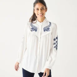 Bloes En Tuniek<Blancheporte Geborduurde bloes met ruchekraag, crepon ecru / marine