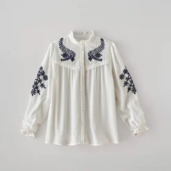 Bloes En Tuniek<Blancheporte Geborduurde bloes met ruchekraag, crepon ecru / marine