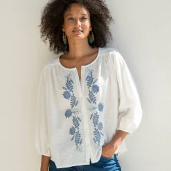 Bloes En Tuniek<Blancheporte Geborduurde bloes, 3/4-mouwen ecru / blauw