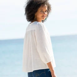 Bloes En Tuniek<Blancheporte Geborduurde bloes, 3/4-mouwen ecru / blauw
