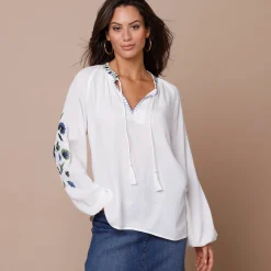 Bloes En Tuniek<Lora Zellini Geborduurde bloes, ronde hals ecru / blauw