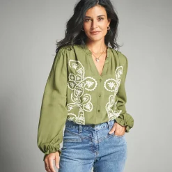 Bloes En Tuniek<Lora Zellini Geborduurde bloes, viscose mosgroen / ecru