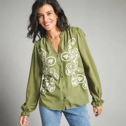 Bloes En Tuniek<Lora Zellini Geborduurde bloes, viscose mosgroen / ecru
