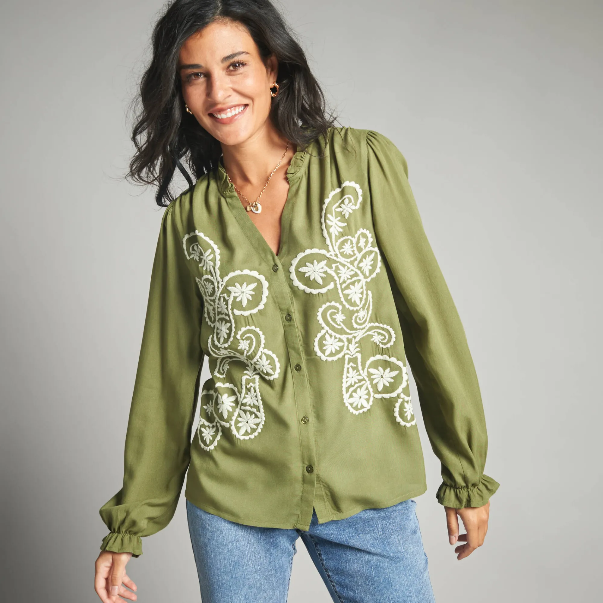 Bloes En Tuniek<Lora Zellini Geborduurde bloes, viscose mosgroen / ecru