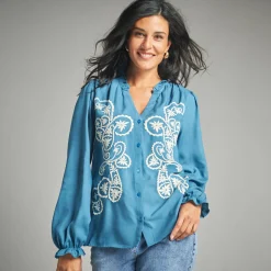 Bloes En Tuniek<Lora Zellini Geborduurde bloes, viscose grijsblauw / ecru