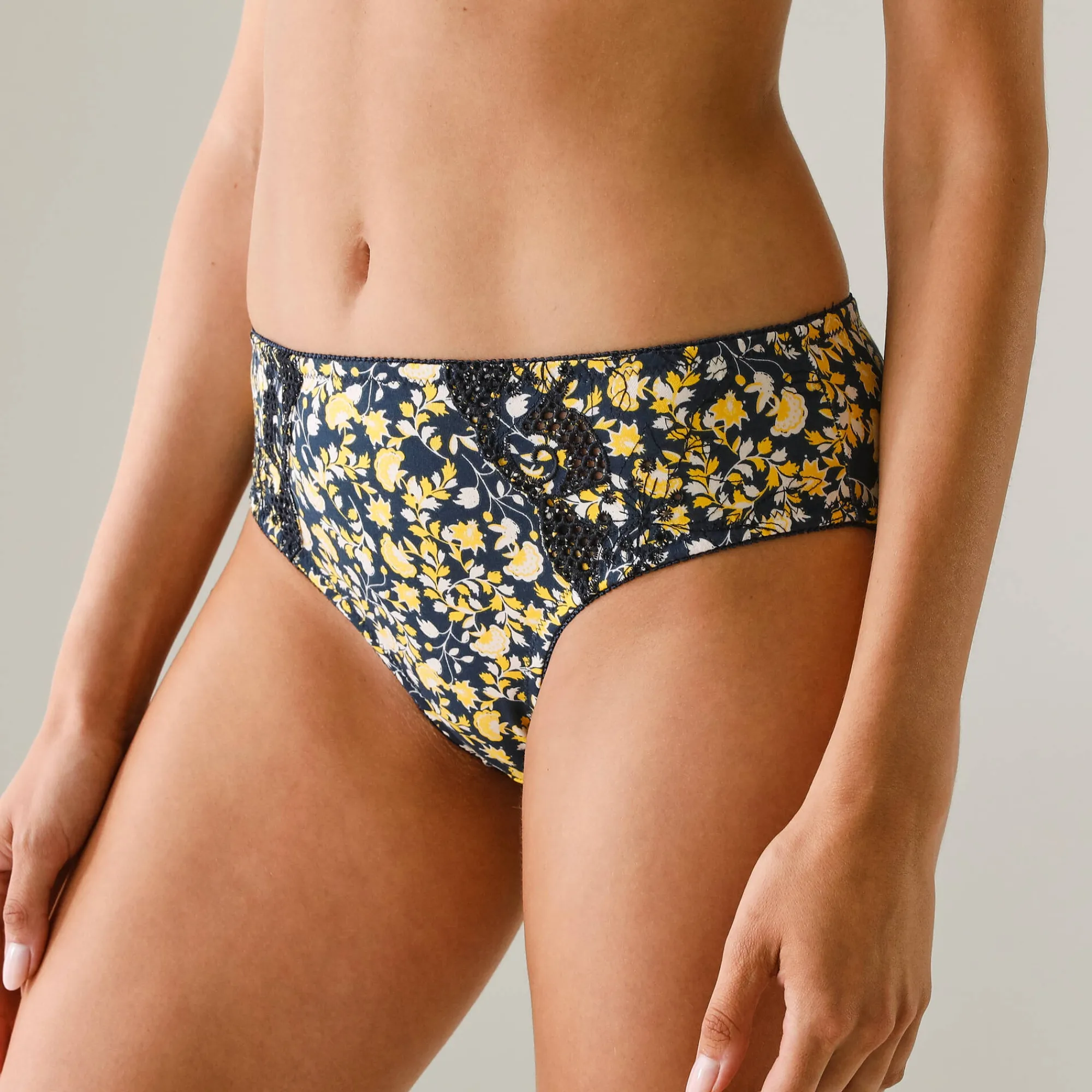 Slip En Shorty<Confidence Lingerie Geborduurde midislip in katoen met bloemenprint Olbia - set van 2 marine / geel