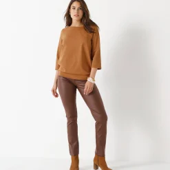 Broek<Blancheporte Gecoate rechte broek chocolade
