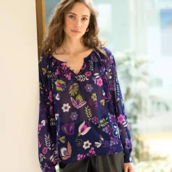 Bloes En Tuniek<Blancheporte Gefronste bloes in bedrukte voile, ruime mouwen inktblauw