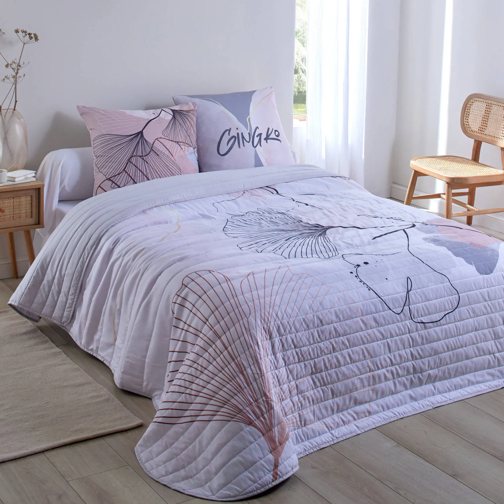 Deken En Bedsprei|Deken, Boutis En Bedsprei<Blancheporte Gematelasseerde bedsprei met ginkgoprint grijs / roze