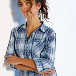 Bloes En Tuniek<Blancheporte Geruit hemd in flanel blauw / paars