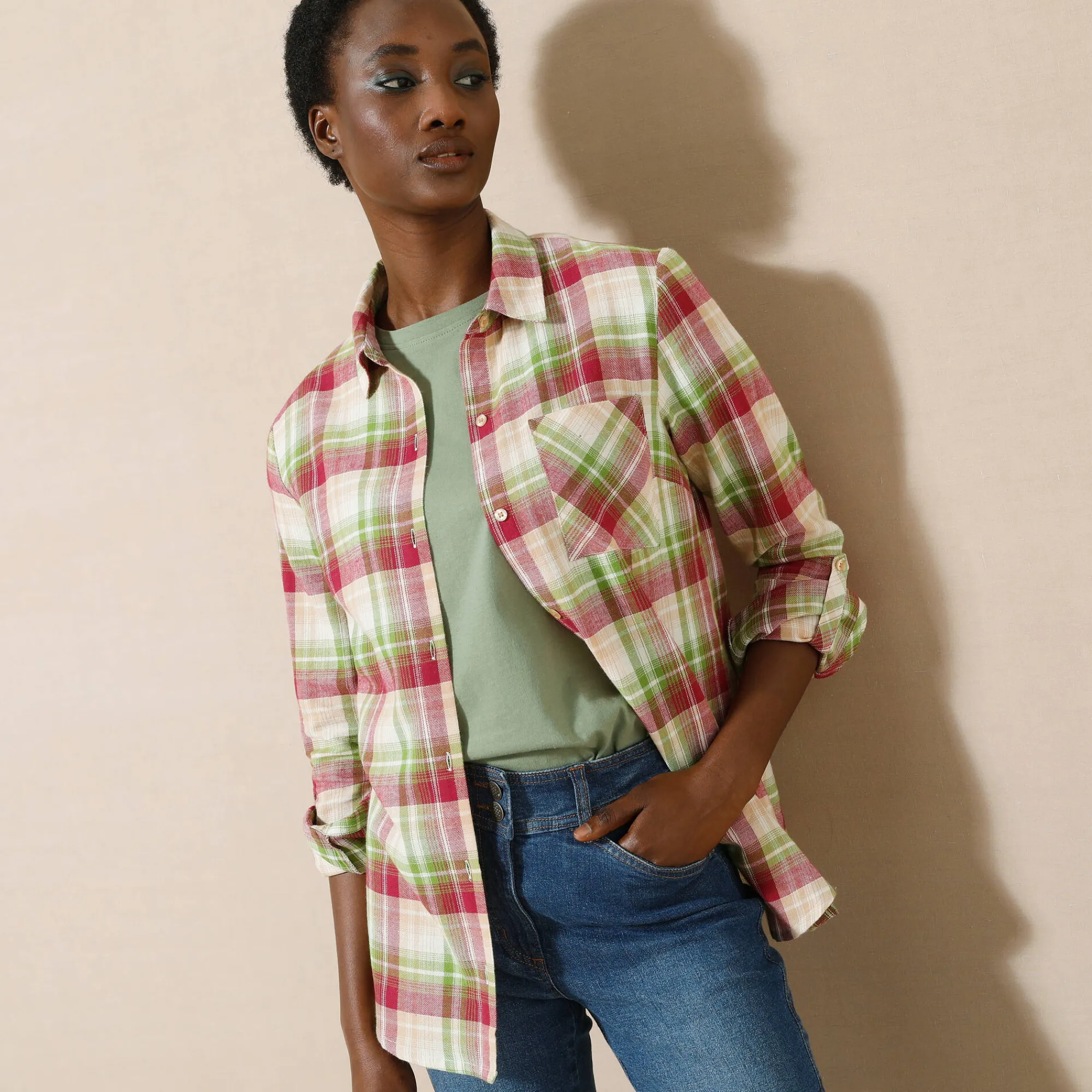 Bloes En Tuniek<Blancheporte Geruit hemd in flanel violine / groen