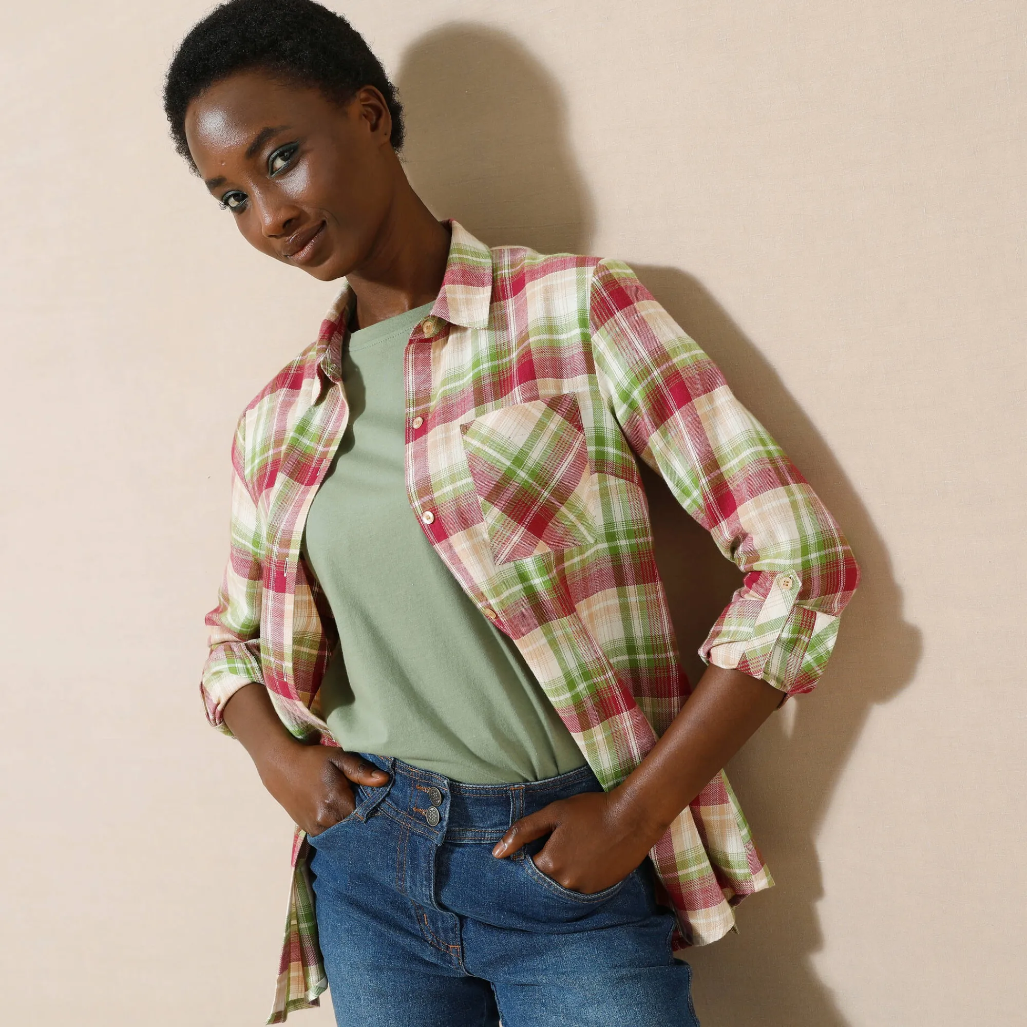 Bloes En Tuniek<Blancheporte Geruit hemd in flanel violine / groen