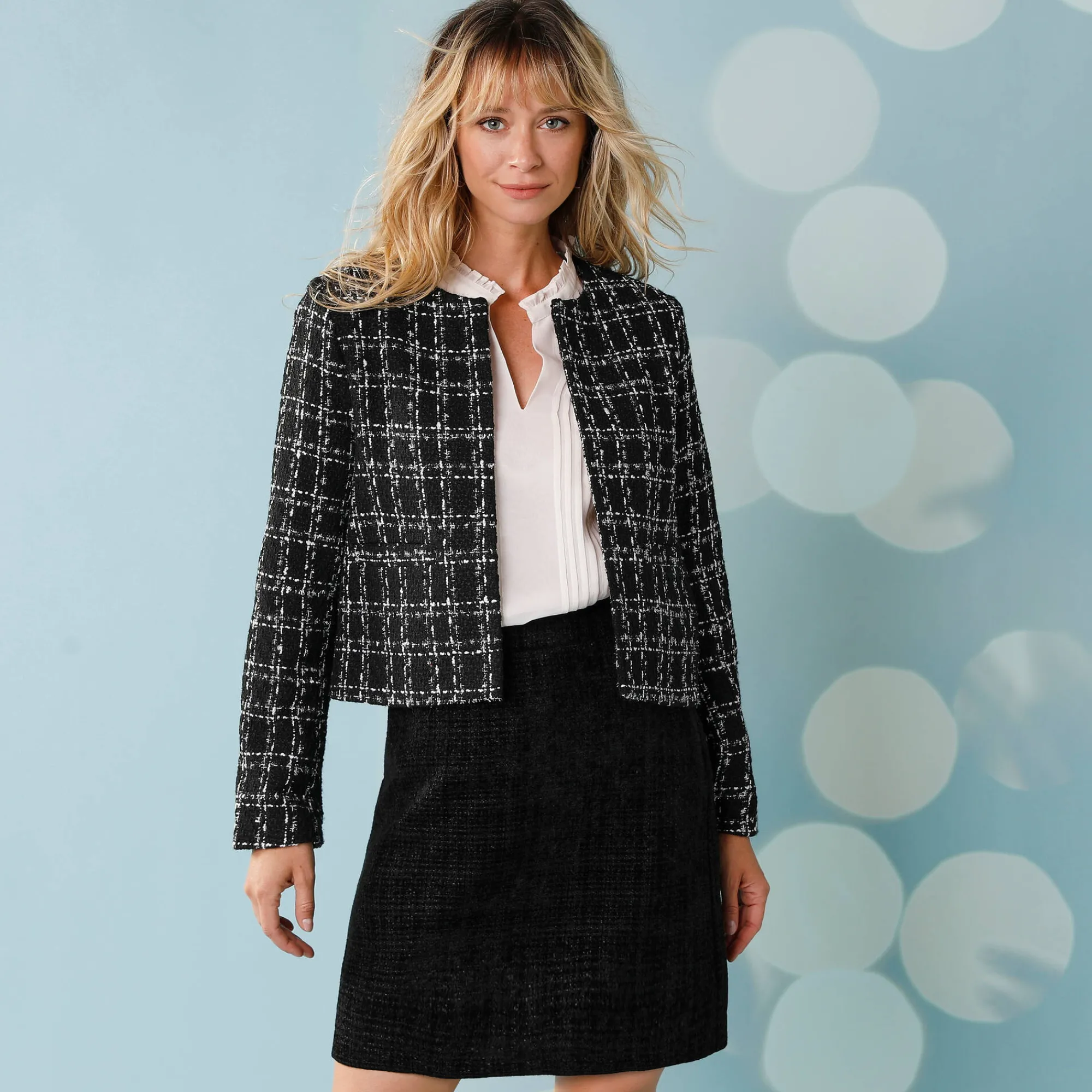 Feestoutfits Dames|Jas En Mantel<Blancheporte Geruit tweedjasje voor kleine lengtes, lange mouwen zwart