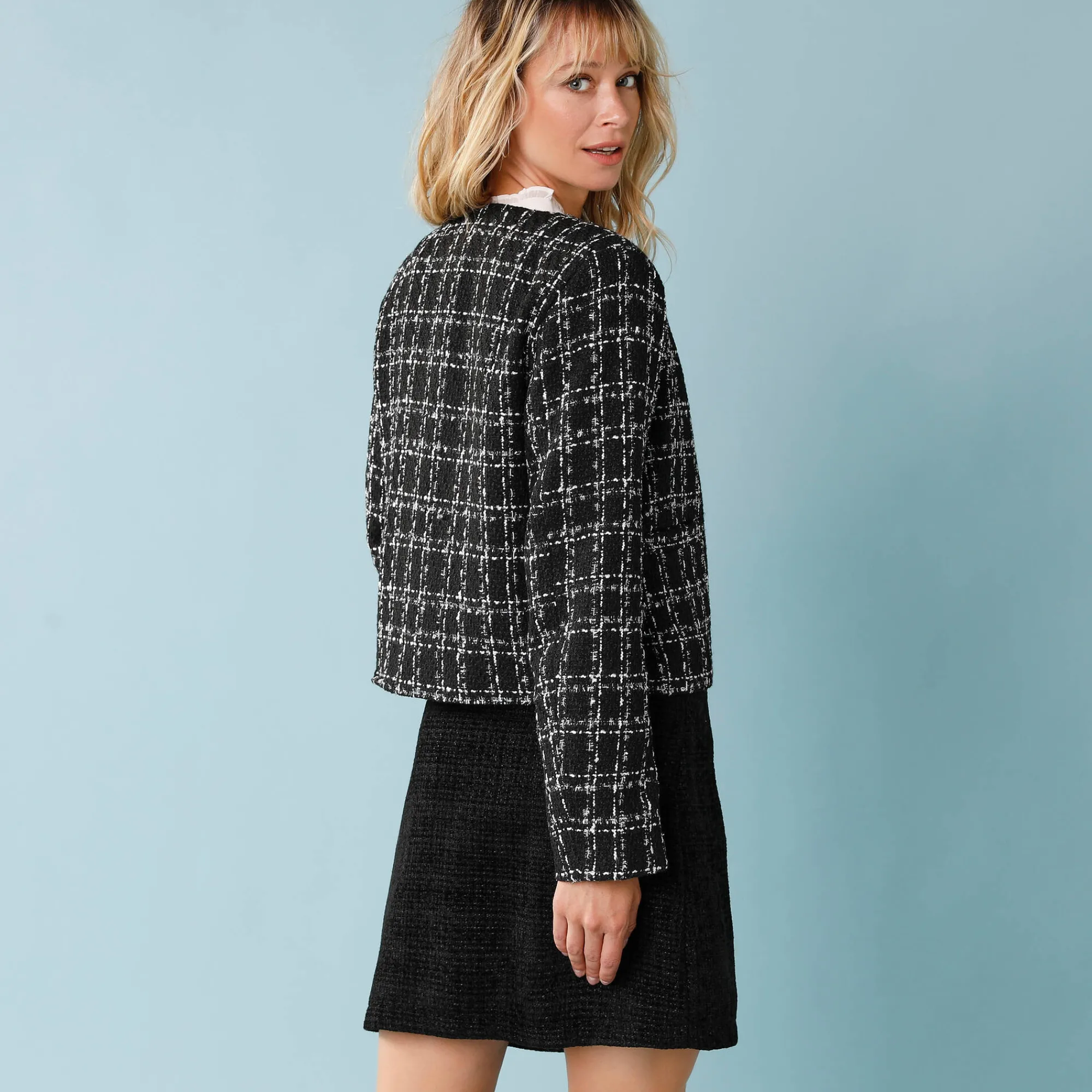 Feestoutfits Dames|Jas En Mantel<Blancheporte Geruit tweedjasje voor kleine lengtes, lange mouwen zwart