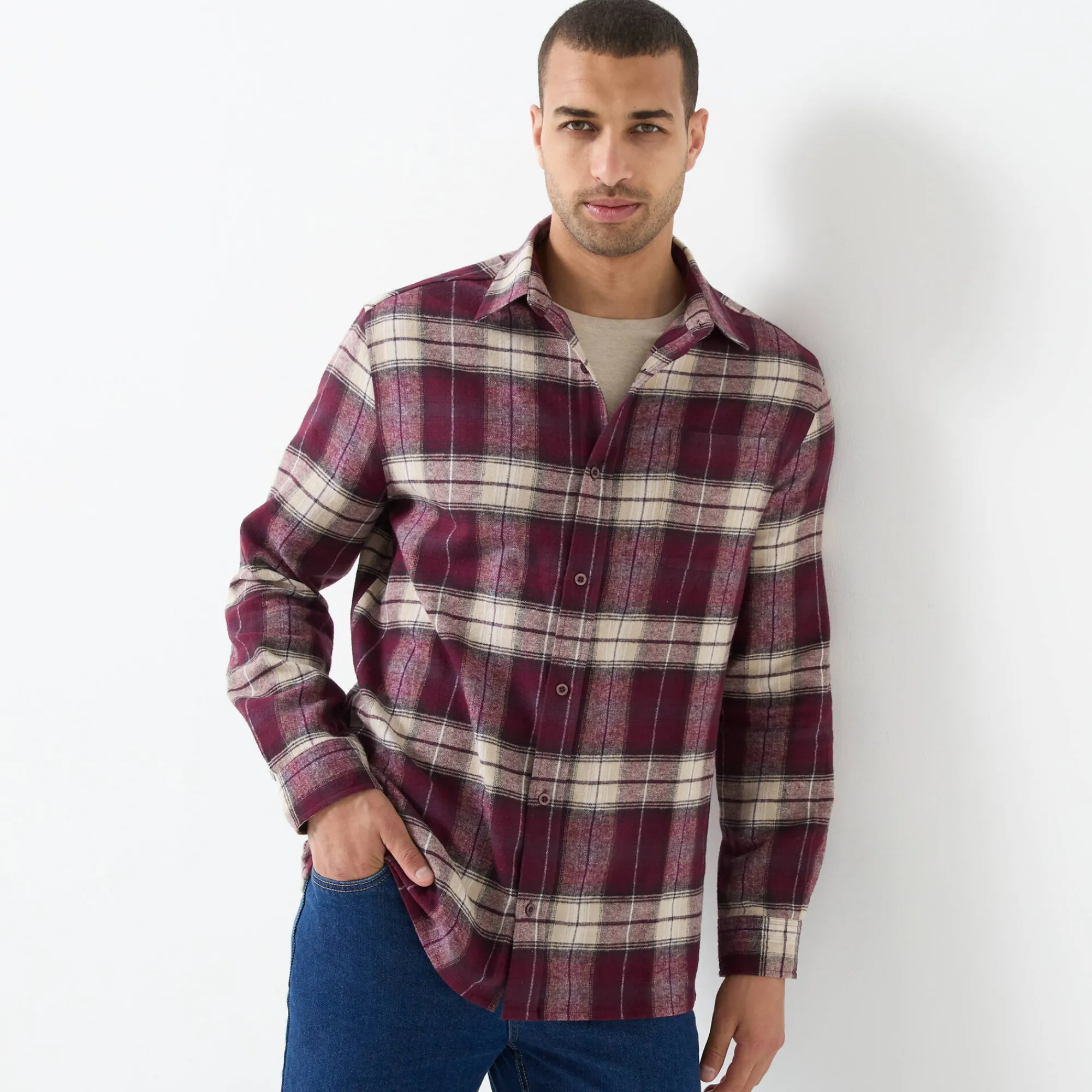 T-Shirt, Hemd En Polo<Blancheporte Geruit werkhemd in flanel - set van 2 kleuren wijnrood + celadon