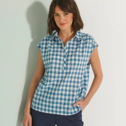 Bloes En Tuniek<Blancheporte Geruite bloes, korte mouwen met omslag blauw
