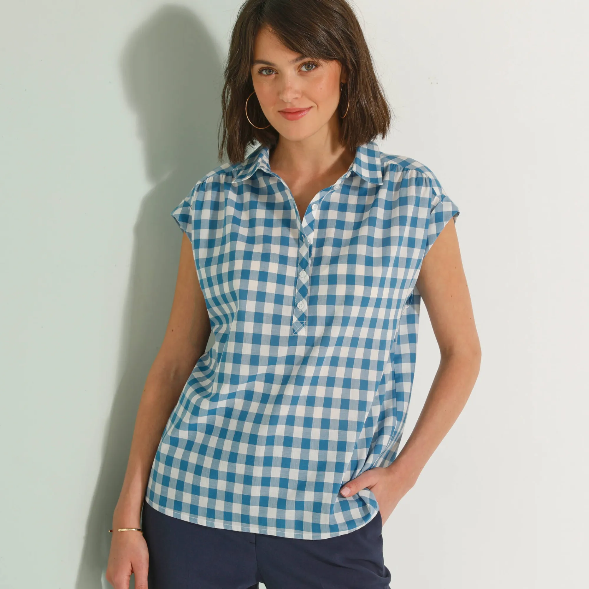 Bloes En Tuniek<Blancheporte Geruite bloes, korte mouwen met omslag blauw