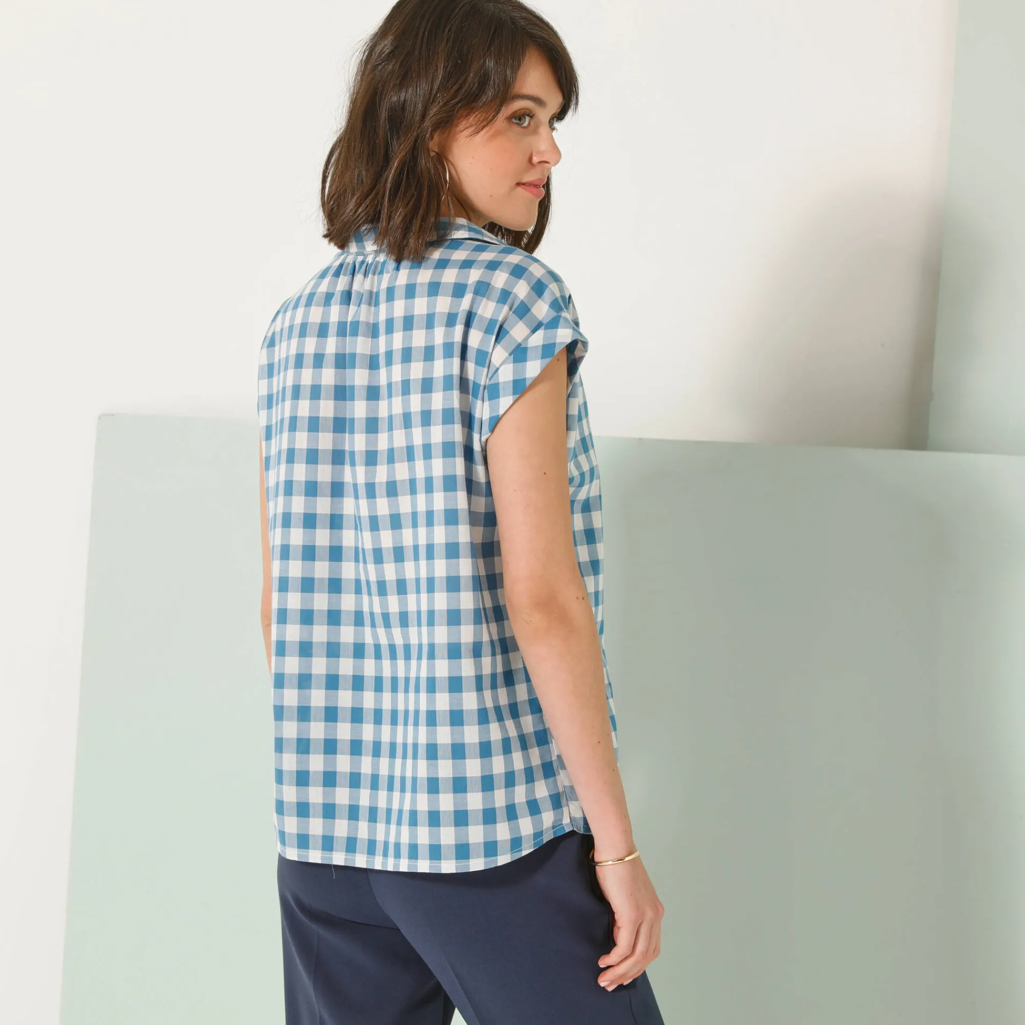 Bloes En Tuniek<Blancheporte Geruite bloes, korte mouwen met omslag blauw