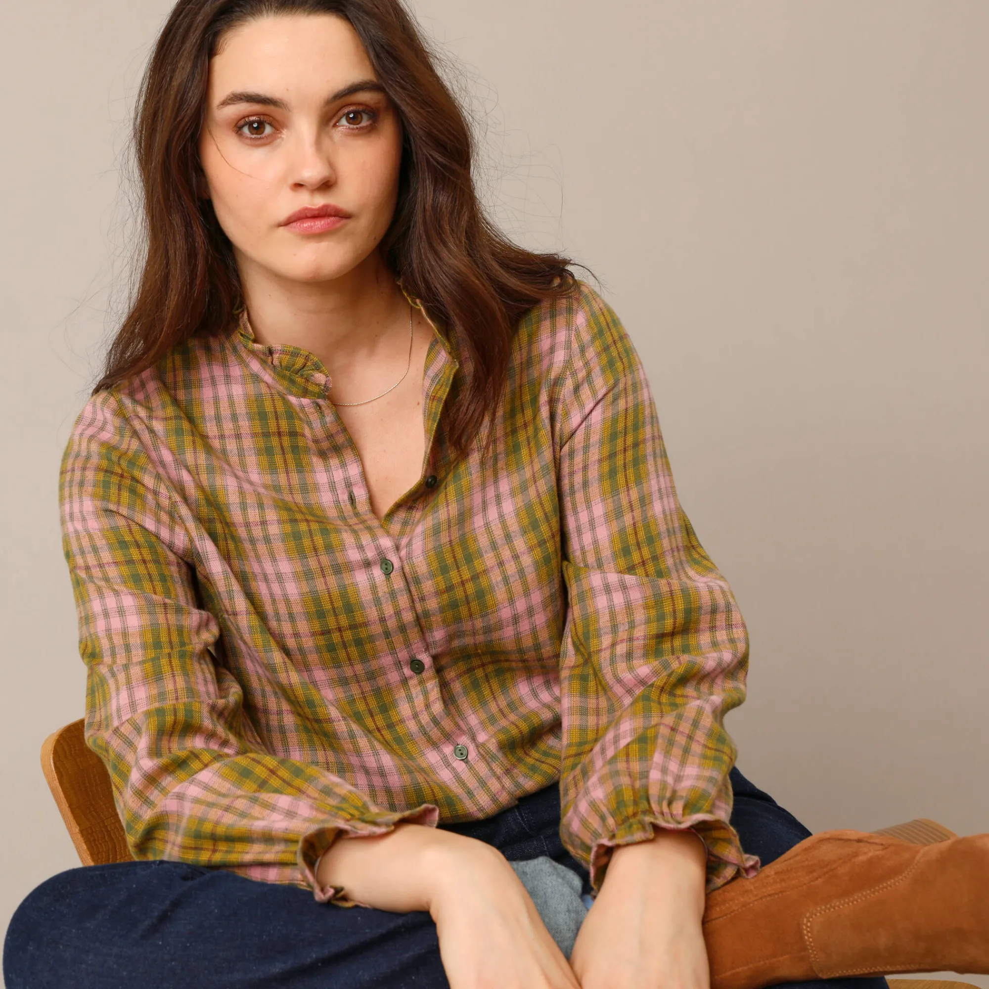 Bloes En Tuniek<Blancheporte Geruite blouse, flanel kaki / roze